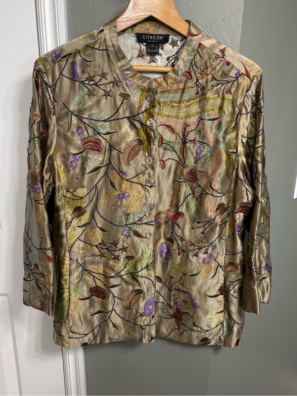 Citron Gold Embroidered Floral-Accent Jacket